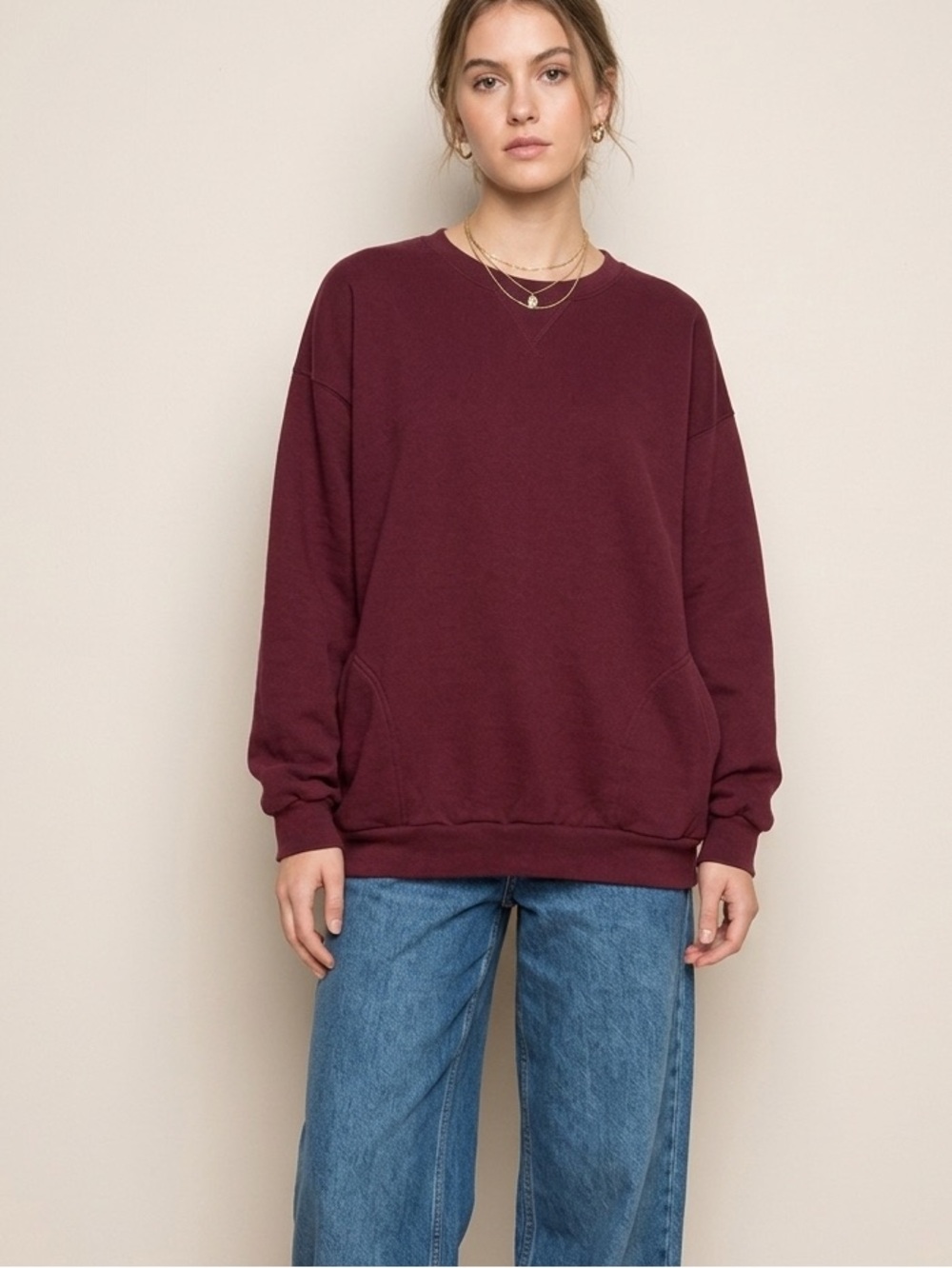 Brandy Melville Burgundy Crewneck Sweatshirt with Pockets One Size